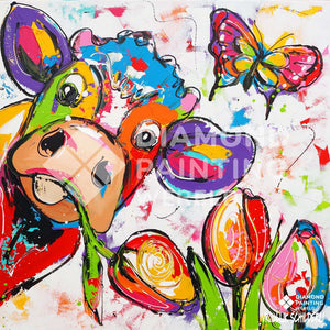 Kuh mit Blumen und Schmetterling Diamond Painting