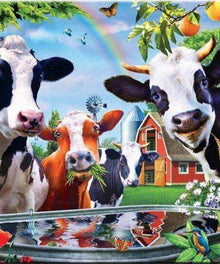 Kühe auf dem Bauernhof mit Regenbogen Diamond Painting