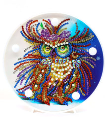 Runde Majestic Owl Diamond Painting Lampe mit buntem Eulenmotiv