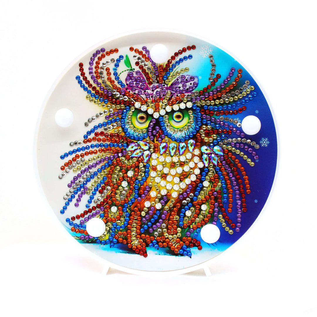 Runde Majestic Owl Diamond Painting Lampe mit buntem Eulenmotiv
