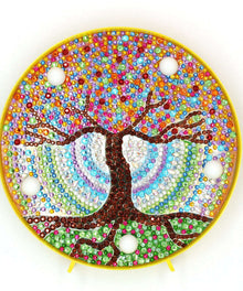 Runde Mandala-Lebensbaum Diamond Painting Lampe mit gelbem Rahmen