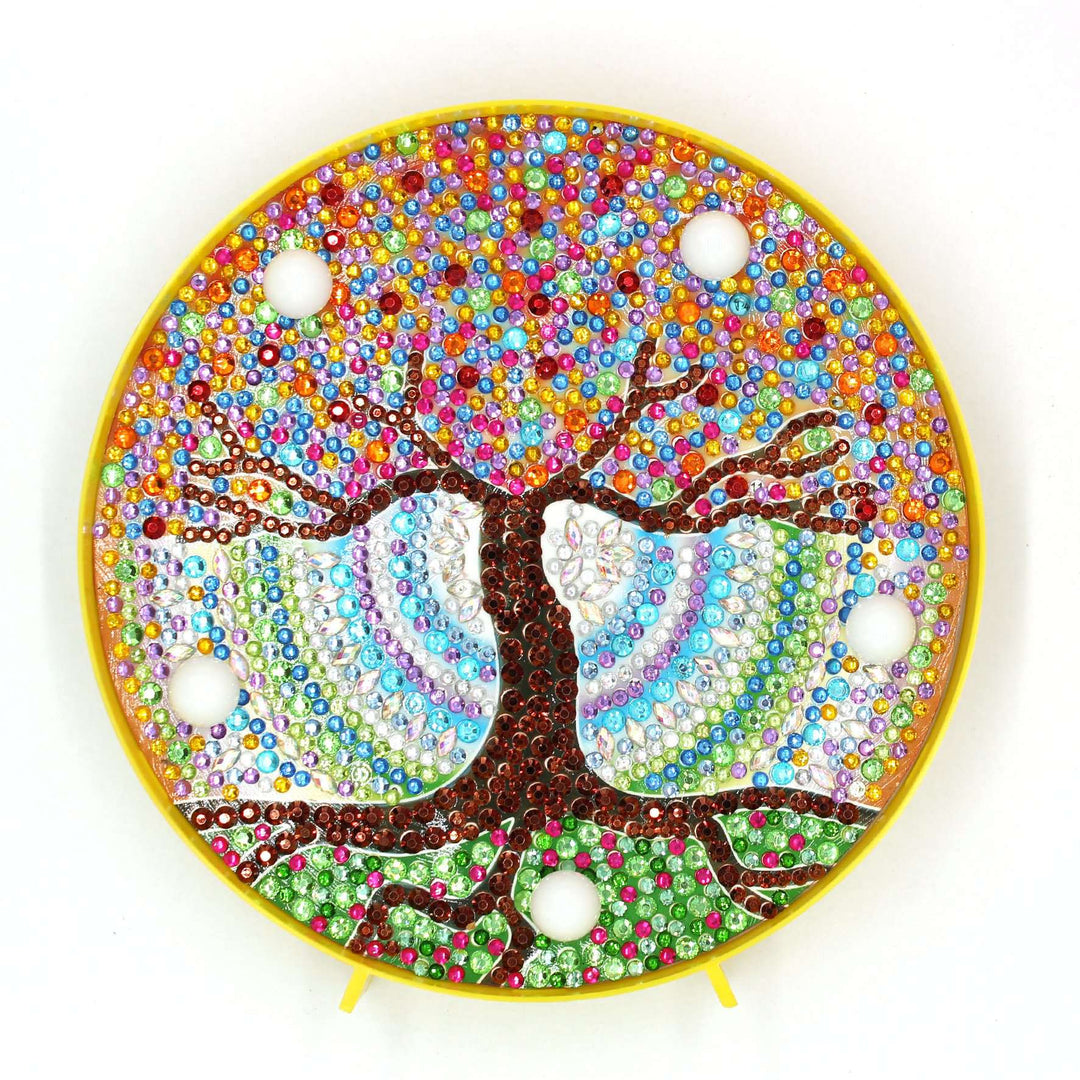 Runde Mandala-Lebensbaum Diamond Painting Lampe mit gelbem Rahmen
