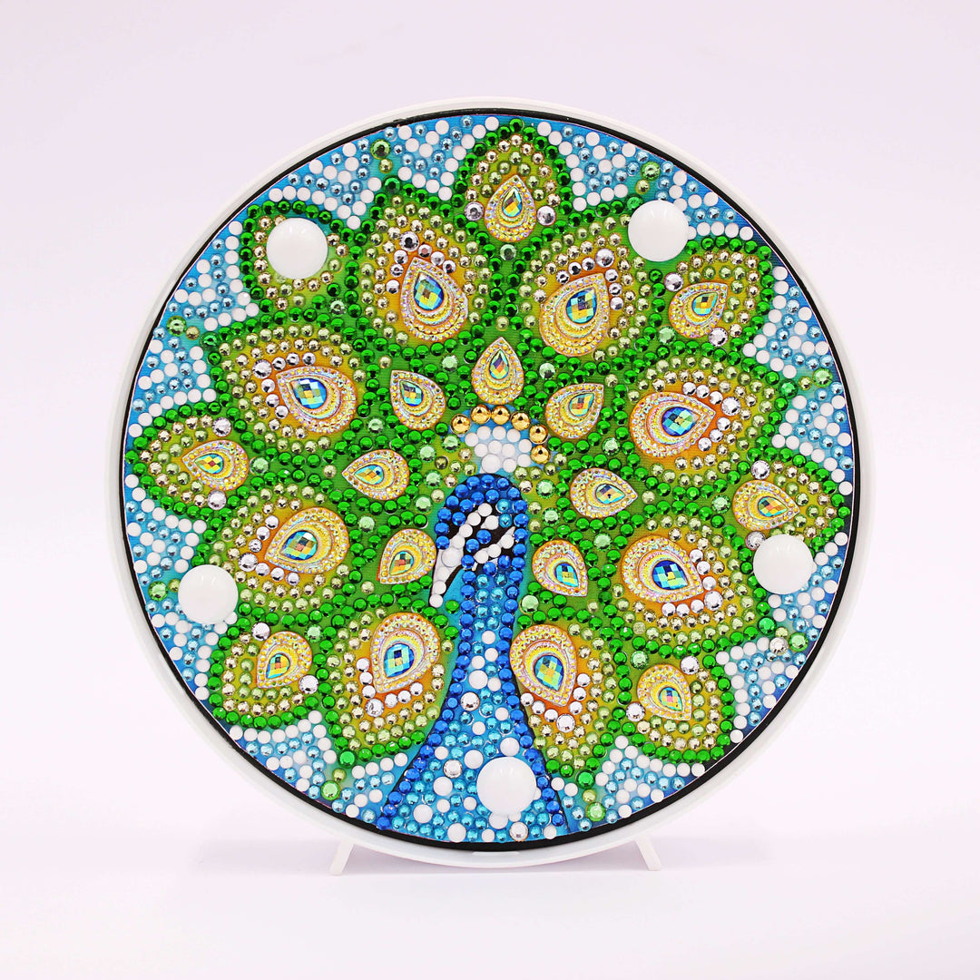 Runde Mandala-Pfau Diamond Painting Lampe in Grün Blau und Gold