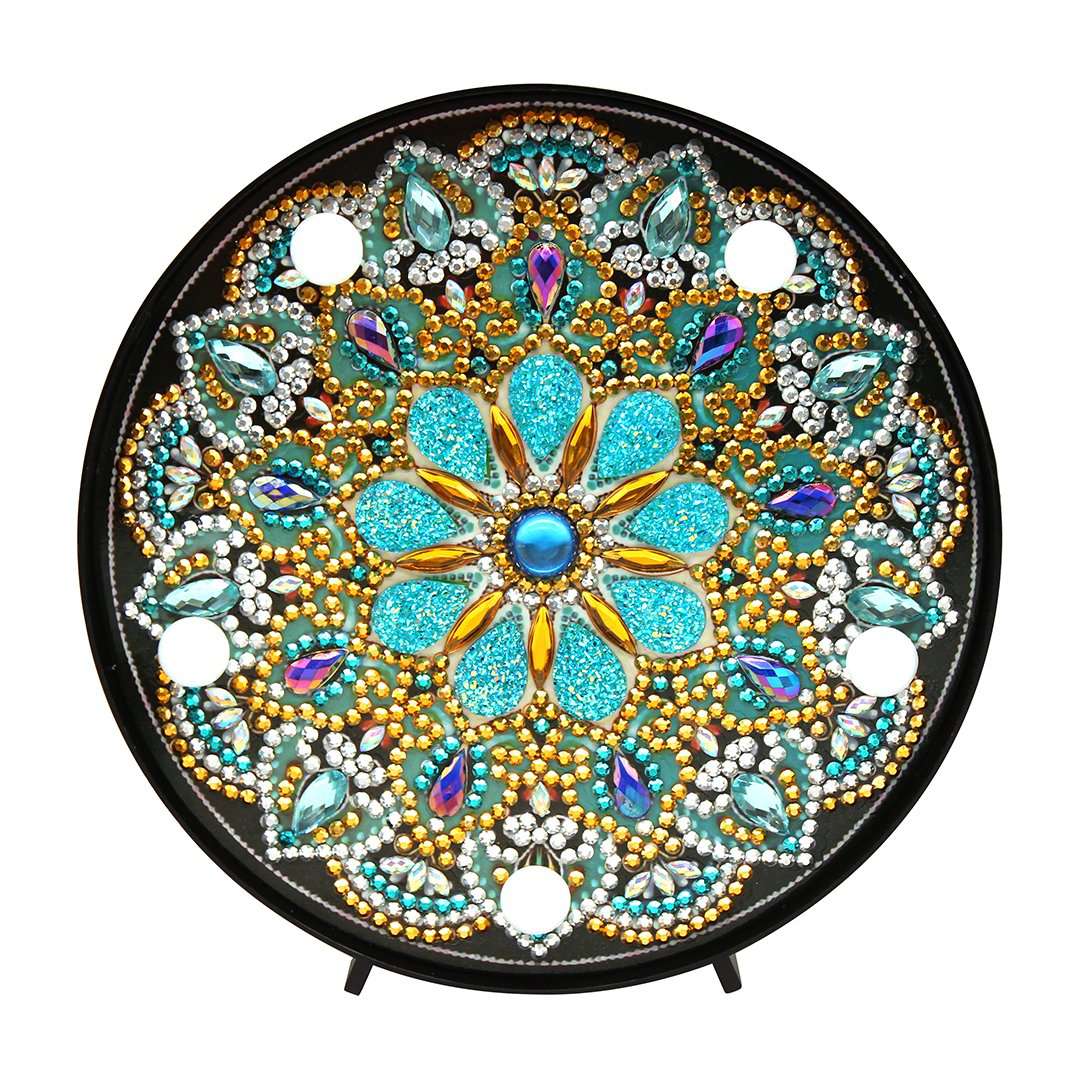 Runde Mandala-Blumendesign Diamond Painting Lampe in Türkis und Gold