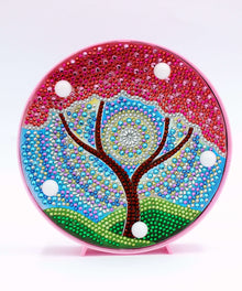 Runde Mandala-Baum Diamond Painting Lampe mit roter Baumkrone
