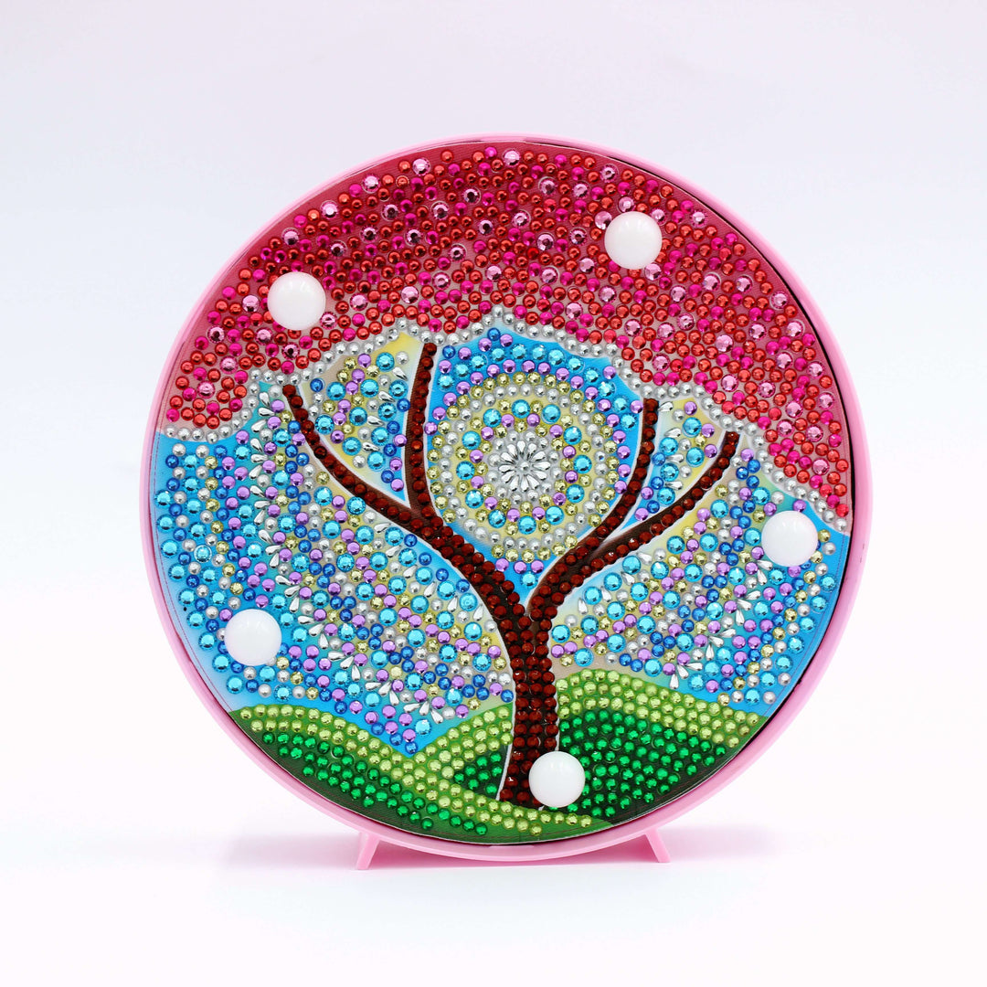 Runde Mandala-Baum Diamond Painting Lampe mit roter Baumkrone