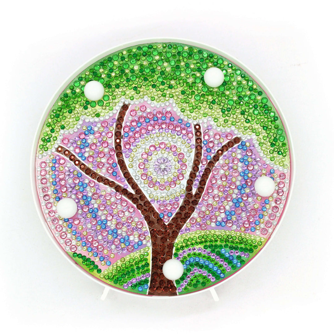Runde Grüner Baum Diamond Painting Lampe mit grünem Naturmotiv