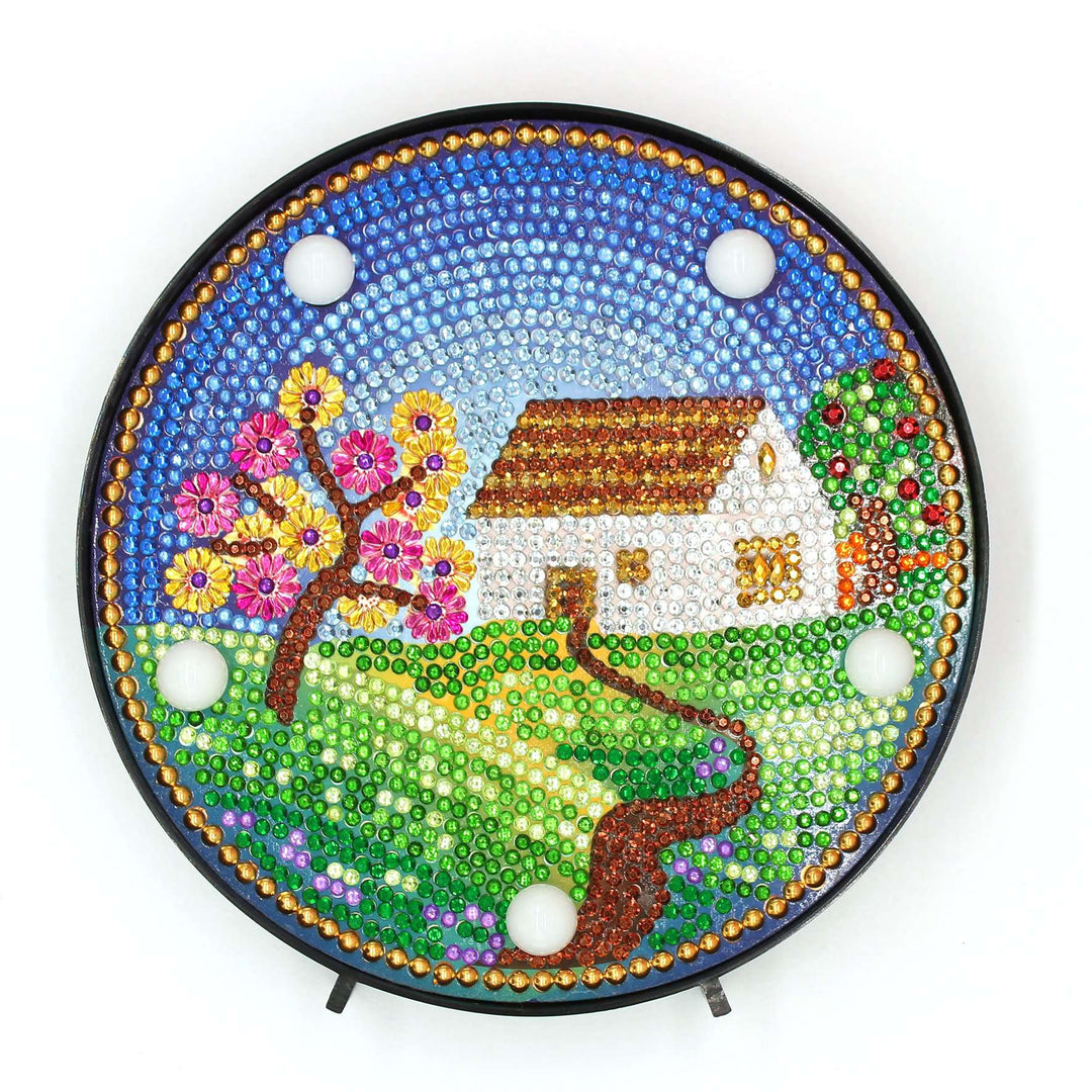 Runde Mandala-Haus Diamond Painting Lampe mit Gartenmotiv