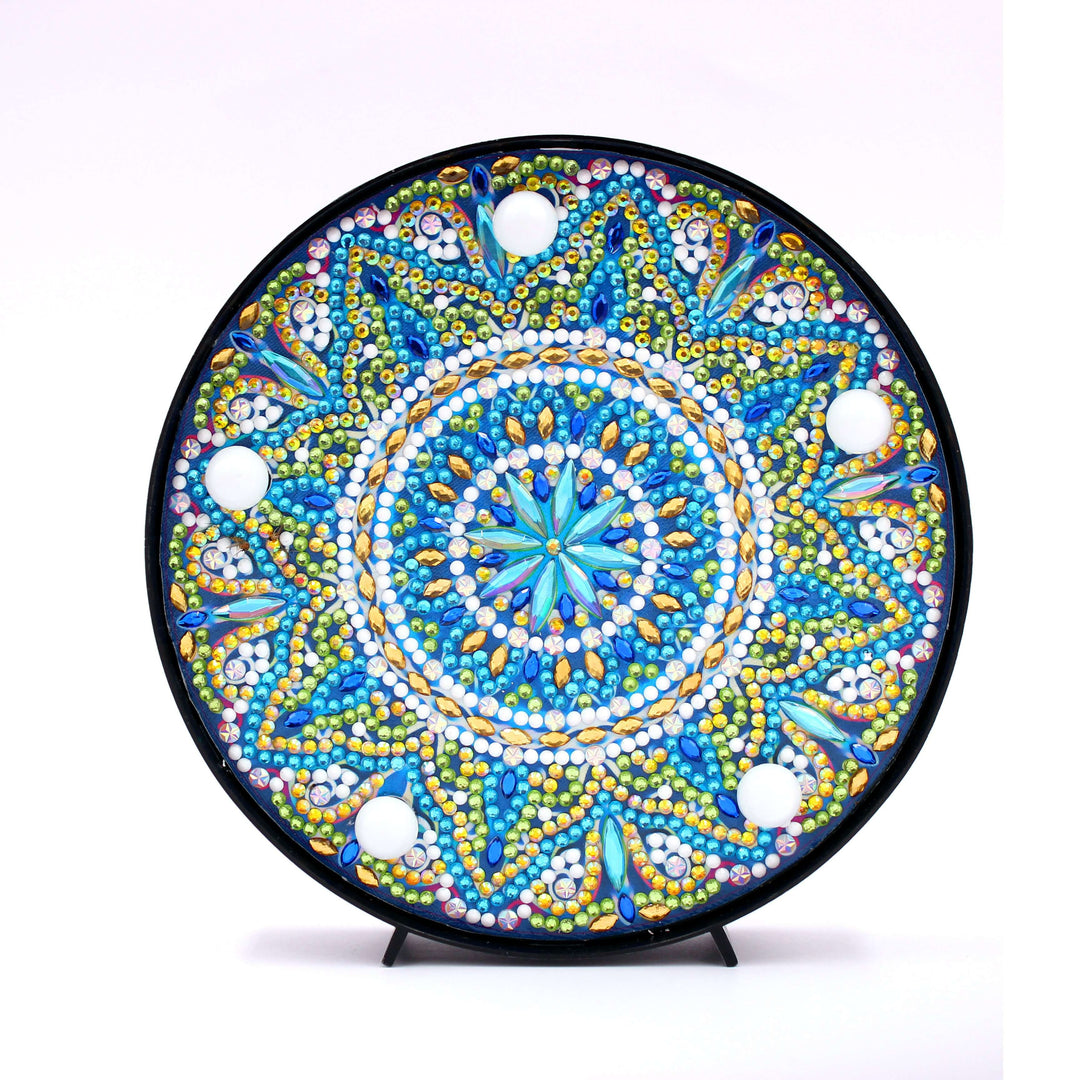 Runde Mandala-Kristall Diamond Painting Lampe in Blau Grün und Gold