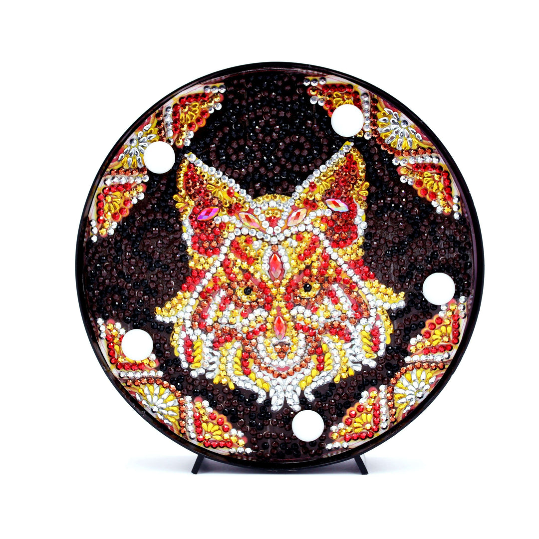 Runde Mandala-Fuchs Diamond Painting Lampe in Rot Gold und Schwarz