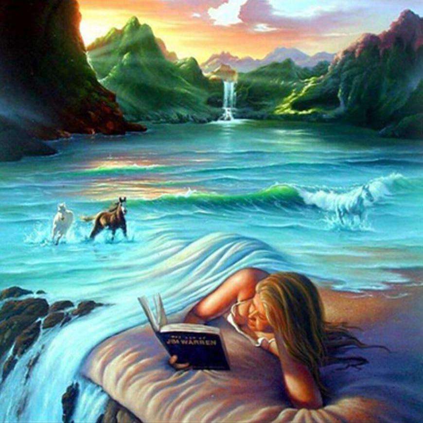 Lesende Frau am Meer Diamond Painting