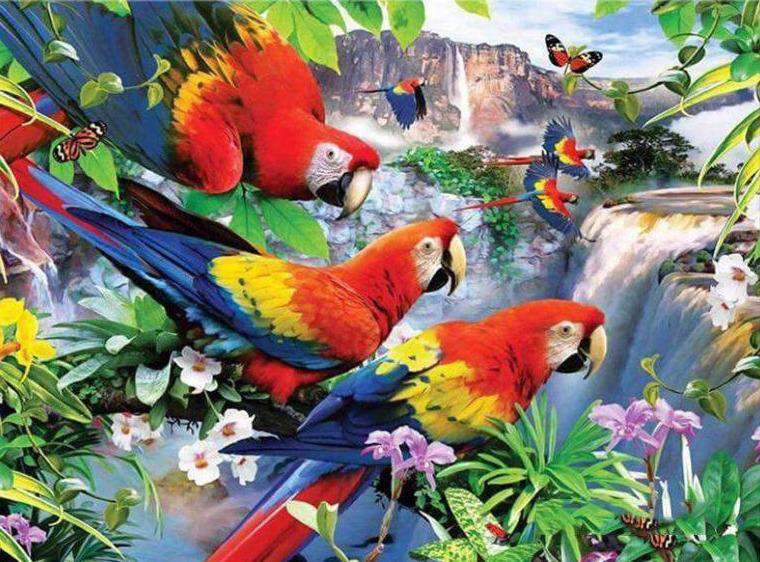Papageien am Wasserfall Diamond Painting