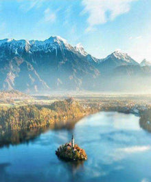 Morgennebel Gebirgssee Diamond Painting Motiv
