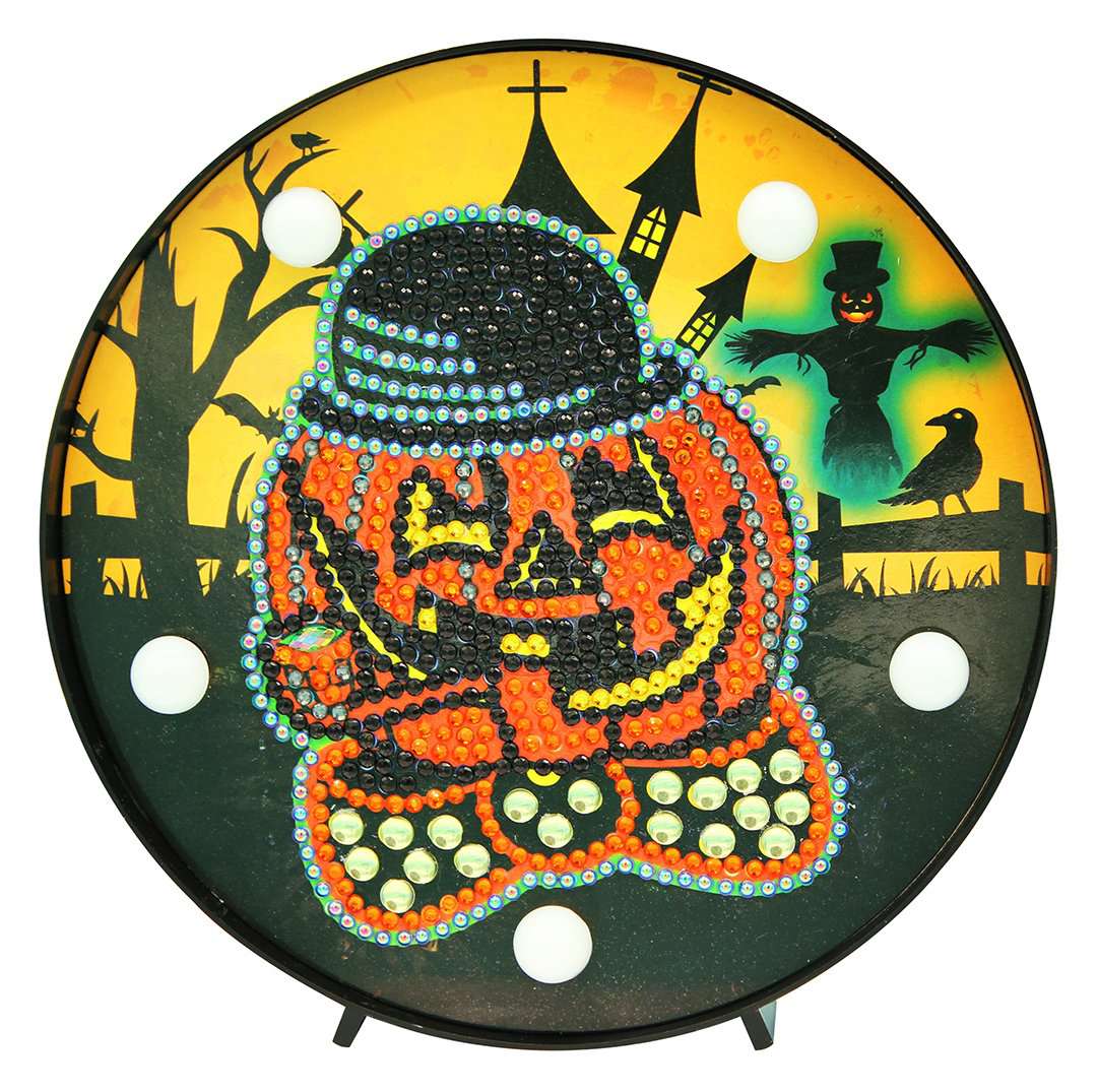 Runde Mr. Kürbis Diamond Painting Lampe mit Halloween-Hintergrund