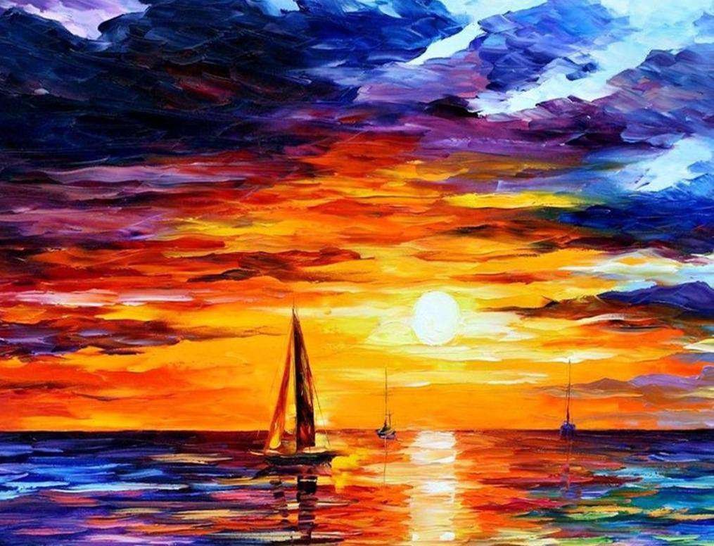 Segelboote bei Sonnenuntergang Diamond Painting Motiv