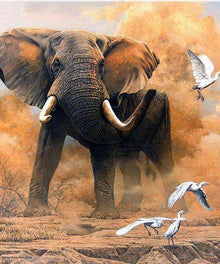 Elefant im Sand mit Vögeln Diamond Painting Motiv