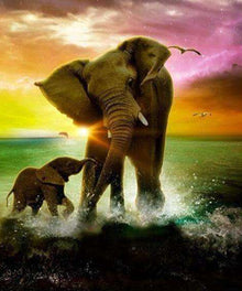 Elefant im Meer bei Sonnenuntergang Diamond Painting Motiv