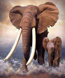 Elefant mit Kalb im Wasser Diamond Painting Motiv