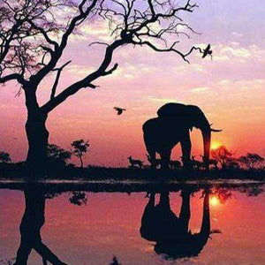 Elefantensilhouette am Wasser Diamond Painting Motiv