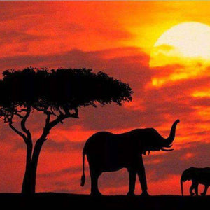 Elefanten bei rotem Sonnenuntergang Diamond Painting Motiv