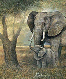 Elefant und Kalb am Baum Diamond Painting Motiv