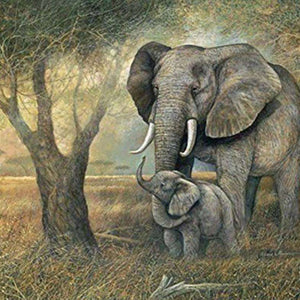 Elefant und Kalb am Baum Diamond Painting Motiv