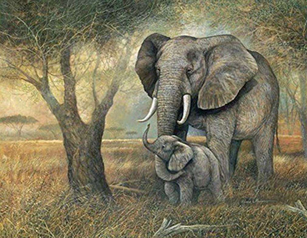 Elefant und Kalb am Baum Diamond Painting Motiv