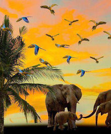 Elefanten und Vögel im Sonnenuntergang Diamond Painting Motiv