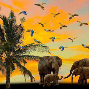 Elefanten und Vögel im Sonnenuntergang Diamond Painting Motiv