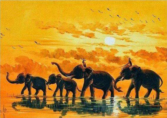 Elefanten am Wasser Sonnenuntergang Diamond Painting Motiv