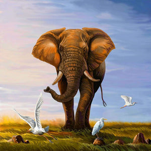 Elefant mit Vögeln Diamond Painting Motiv