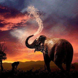 Elefant mit Wasserfontäne Diamond Painting Motiv