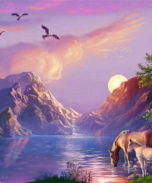 Pferde am Bergsee Diamond Painting Motiv