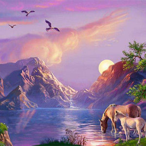 Pferde am Bergsee Diamond Painting Motiv