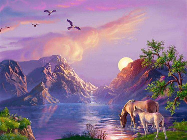 Pferde am Bergsee Diamond Painting Motiv