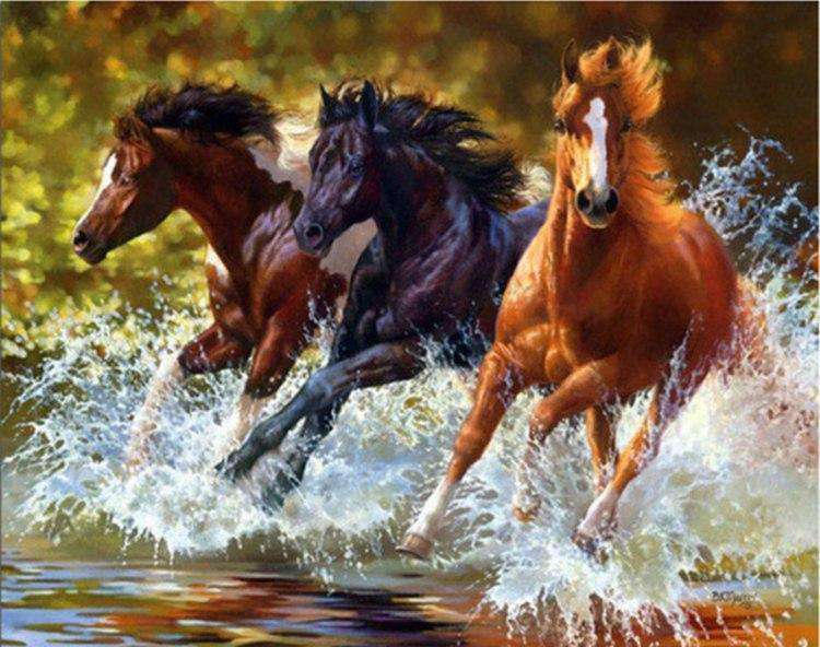 Galoppierende Pferde im Wasser Diamond Painting Motiv