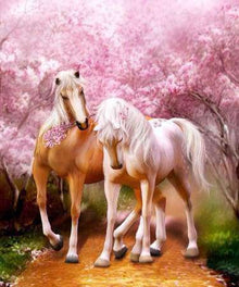 Pferde unter rosa Blüten Diamond Painting Motiv