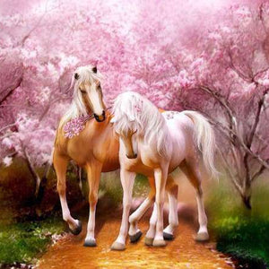 Pferde unter rosa Blüten Diamond Painting Motiv