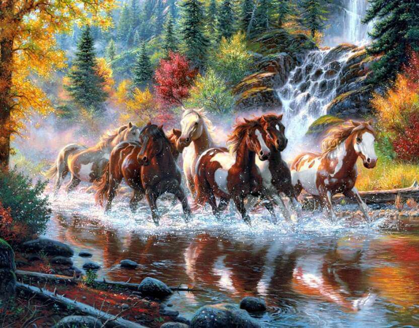 Pferde im Wald am Wasserfall Diamond Painting Motiv
