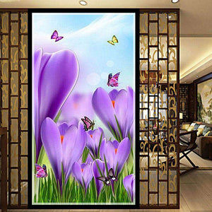 Lila Blumen mit Schmetterlingen Großformat Diamond Painting