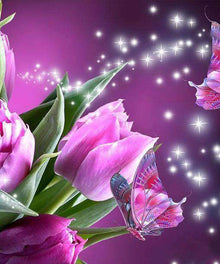 Lila Tulpen mit Schmetterlingen Diamond Painting Motiv