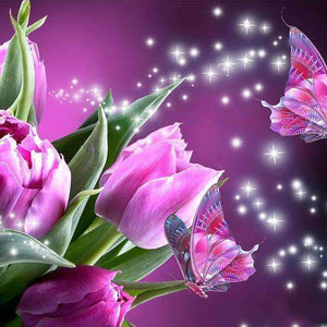Lila Tulpen mit Schmetterlingen Diamond Painting Motiv
