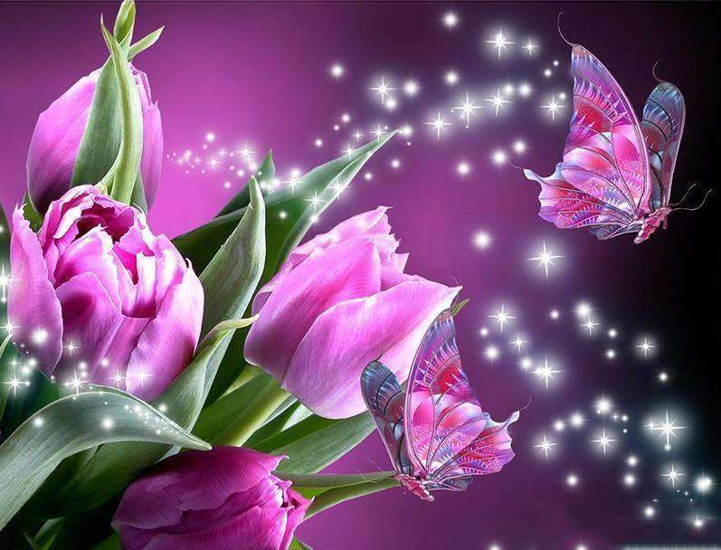 Lila Tulpen mit Schmetterlingen Diamond Painting Motiv