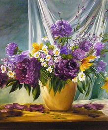 Lila Blumen in Goldvase Diamond Painting Stillleben