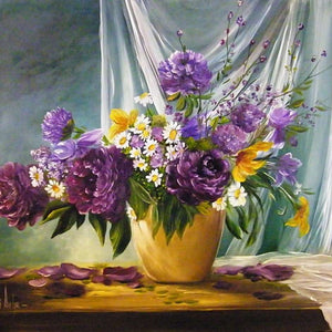 Lila Blumen in Goldvase Diamond Painting Stillleben