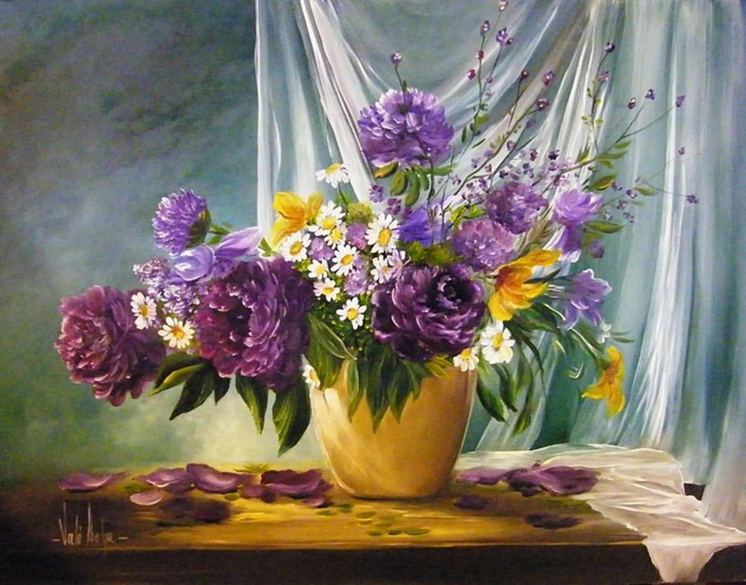 Lila Blumen in Goldvase Diamond Painting Stillleben