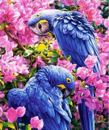 Blaue Papageien in rosa Blüten Diamond Painting