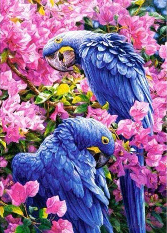 Blaue Papageien in rosa Blüten Diamond Painting