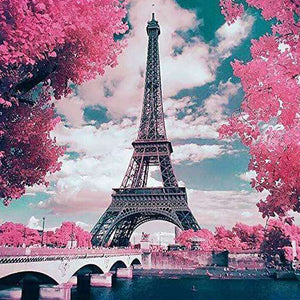 Paris im Frühling Diamond Painting mit Eiffelturm und rosa Blüten