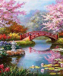 Parksee mit roter Brücke Diamond Painting Landschaftsmotiv